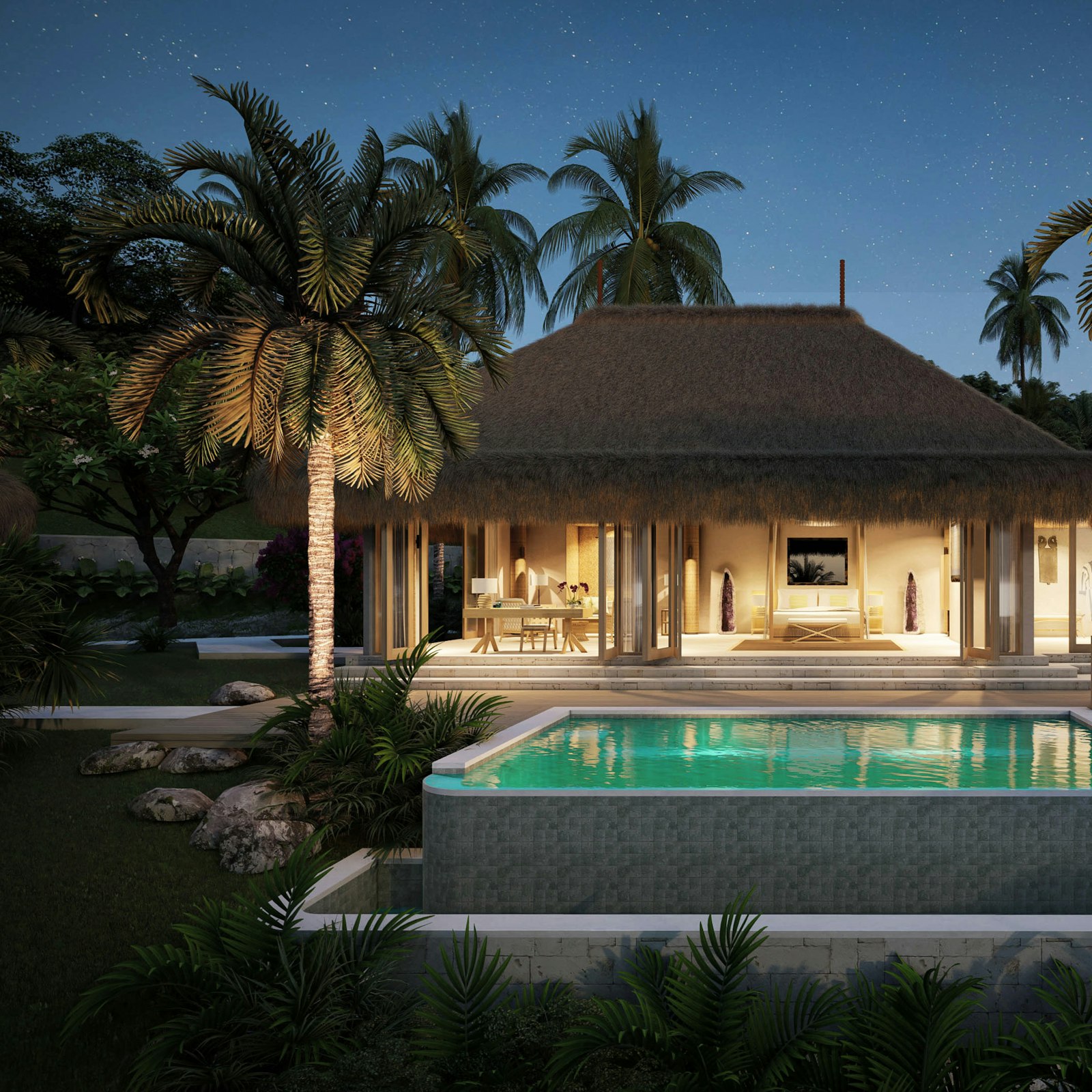Tropical pool villa at dusk
